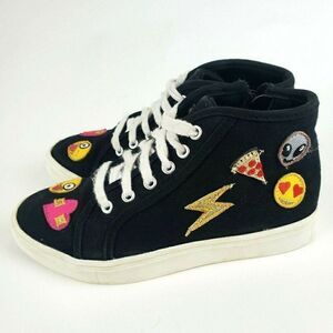SO Linden Girls Emoji Patches Black High Top Sneakers Canvas Laces Zip Up sz 3